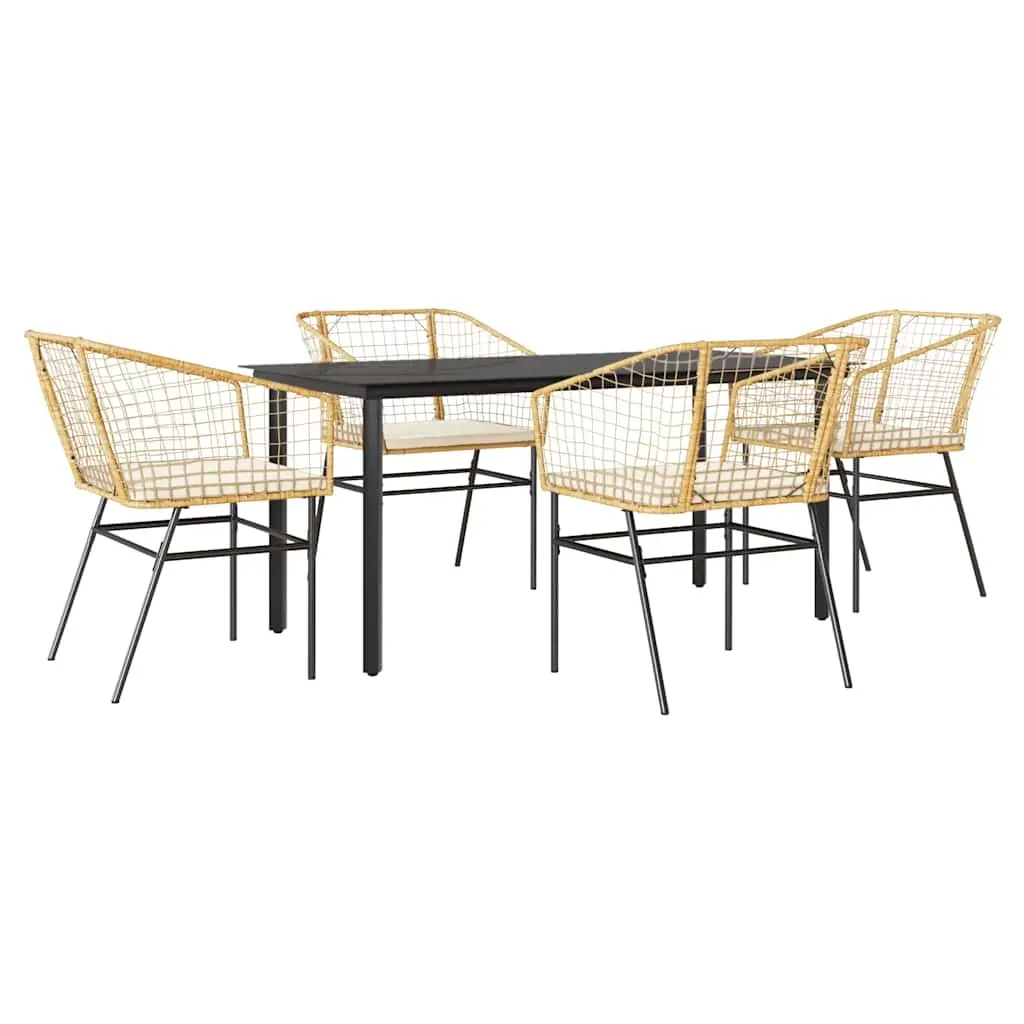 5 Piece Garden Dining Set with Cushions Brown Poly Rattan Glass 3334607 - Furniture