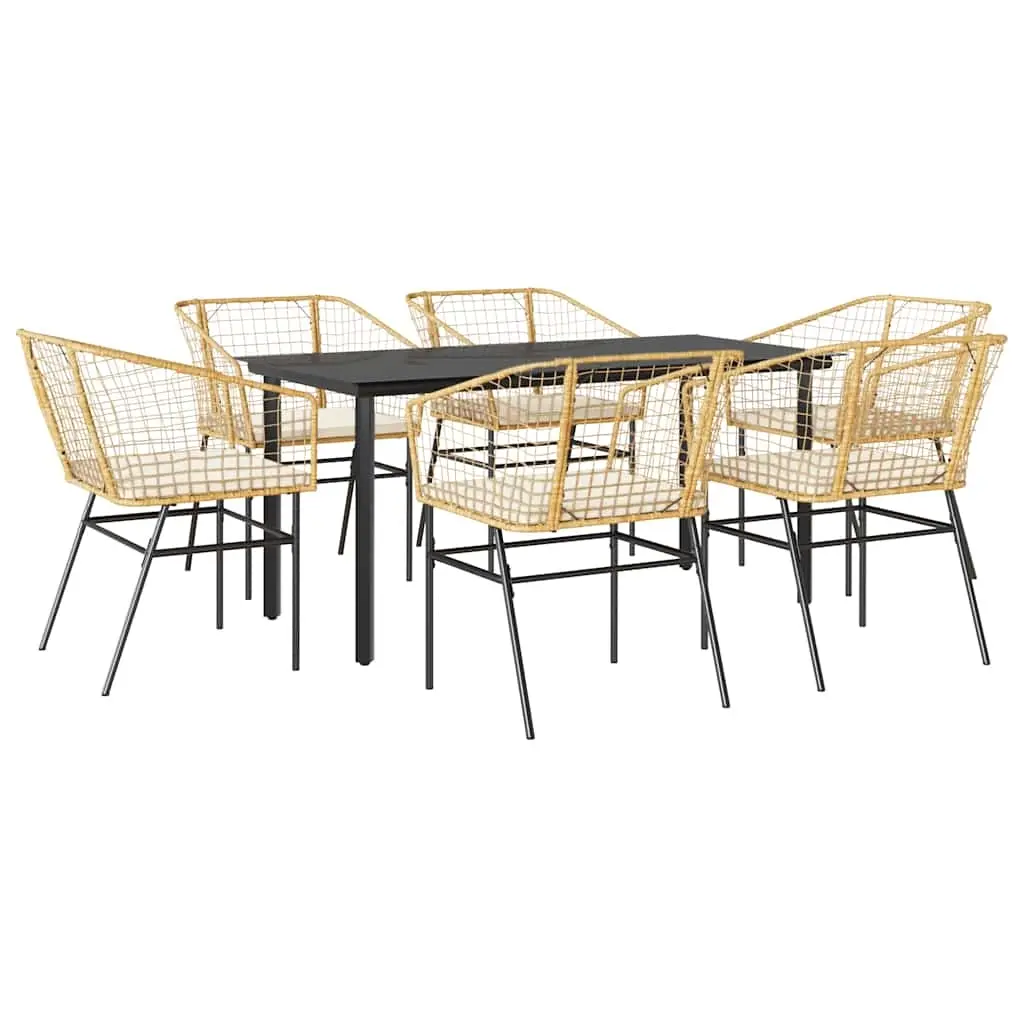 7 Piece Garden Dining Set with Cushions Brown Poly Rattan Glass 3334608 - Furniture