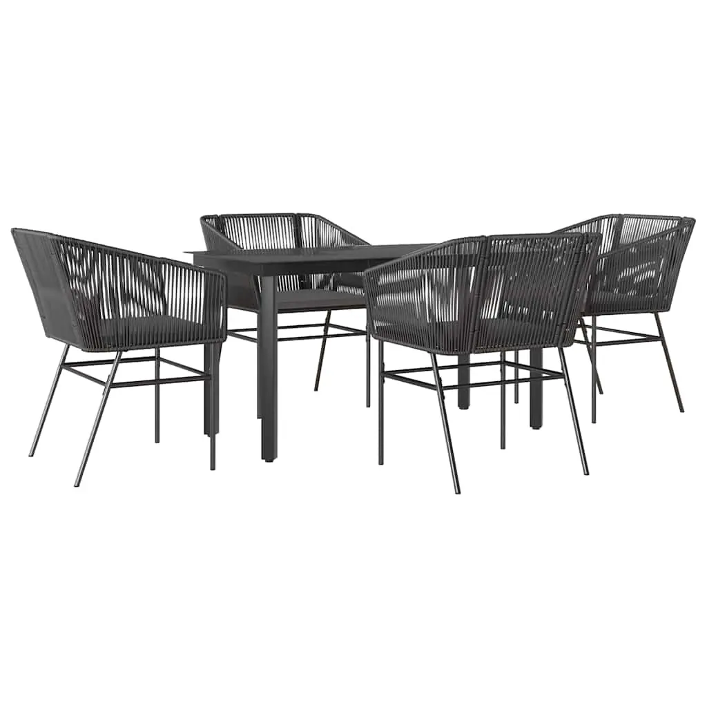 5 Piece Garden Dining Set with Cushions Black Poly Rattan Glass 3334613 - Furniture