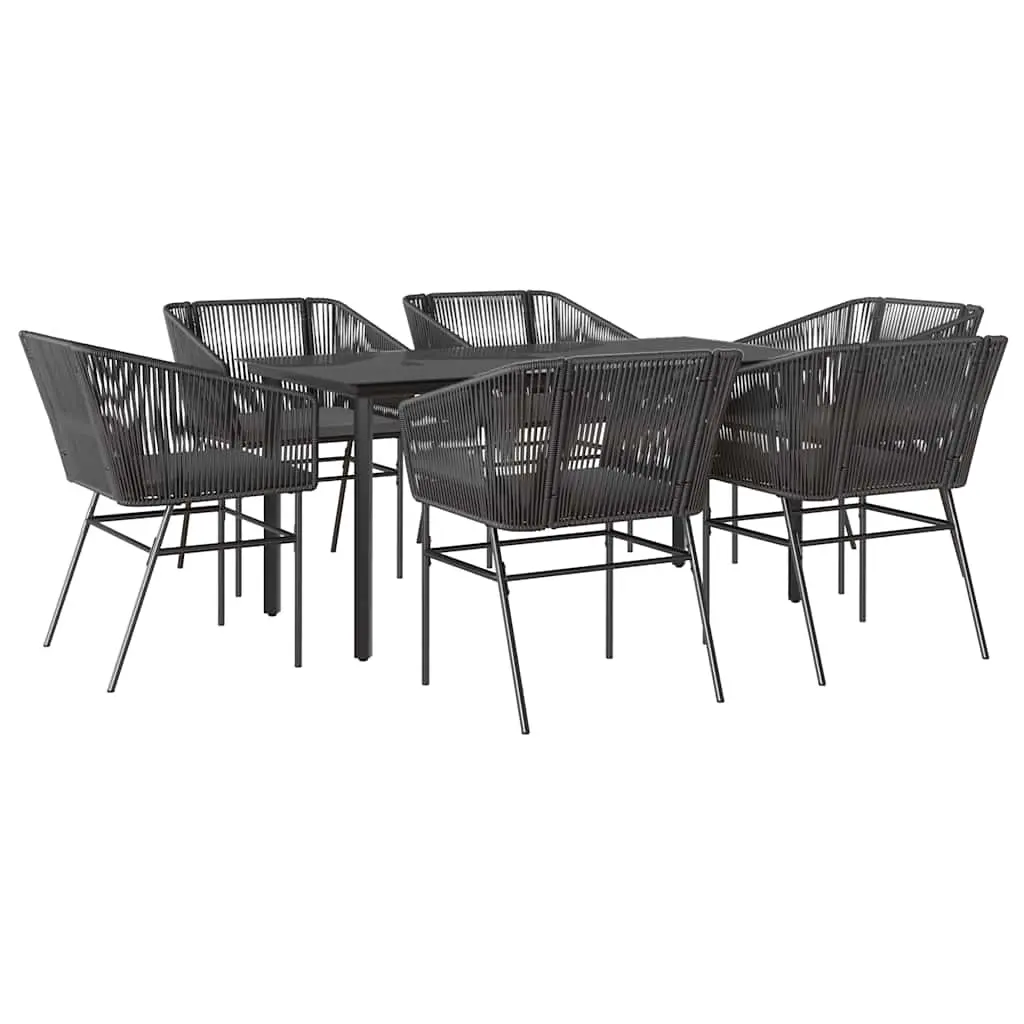 7 Piece Garden Dining Set with Cushions Black Poly Rattan Glass 3334615 - Furniture