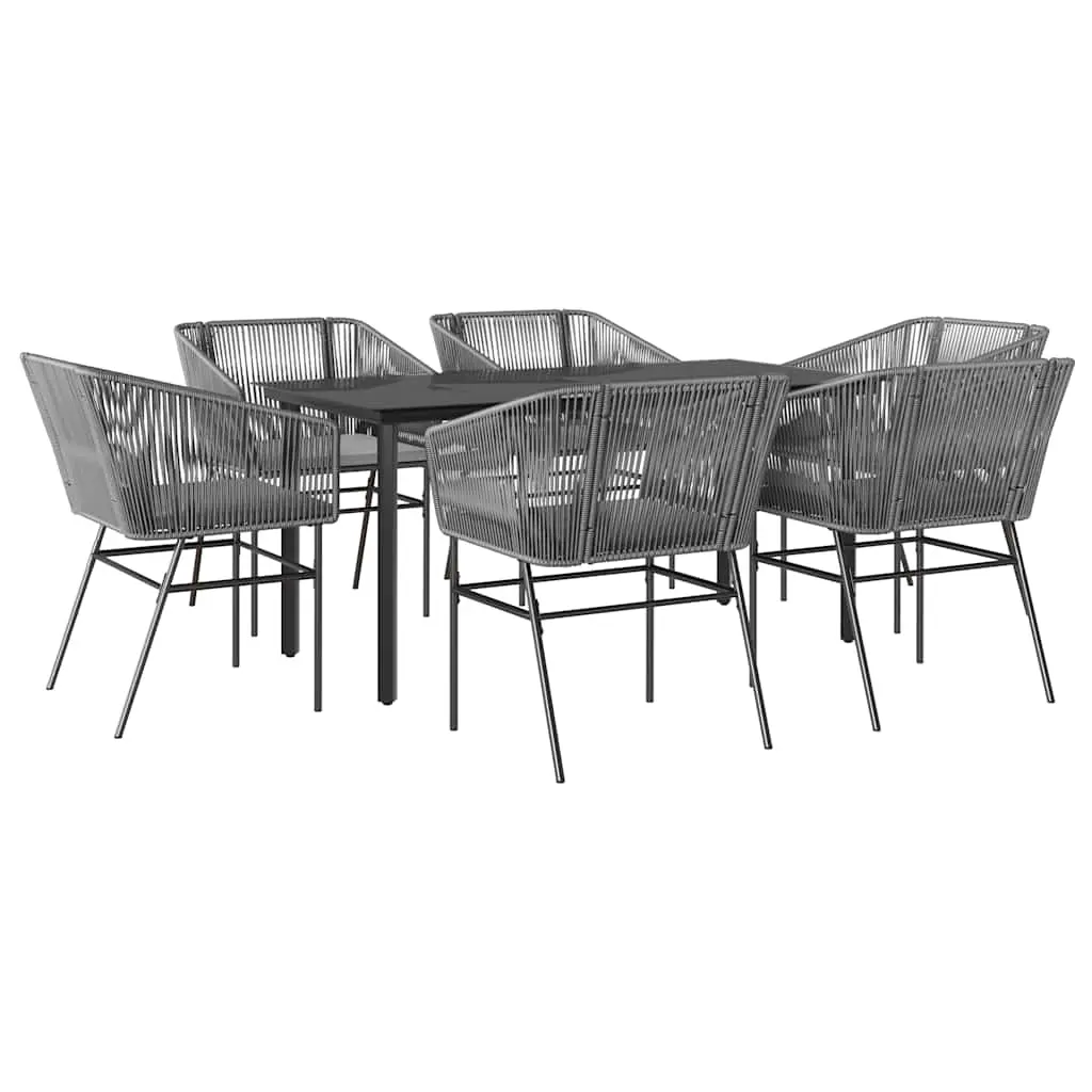 7 Piece Garden Dining Set with Cushions Grey Poly Rattan Glass 3334629 - Furniture