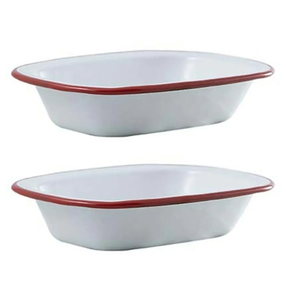 2x Urban Style Enamelware 18cm Pie Dish Rectangle Snack Container w/ Red Rim WHT - Home & Garden