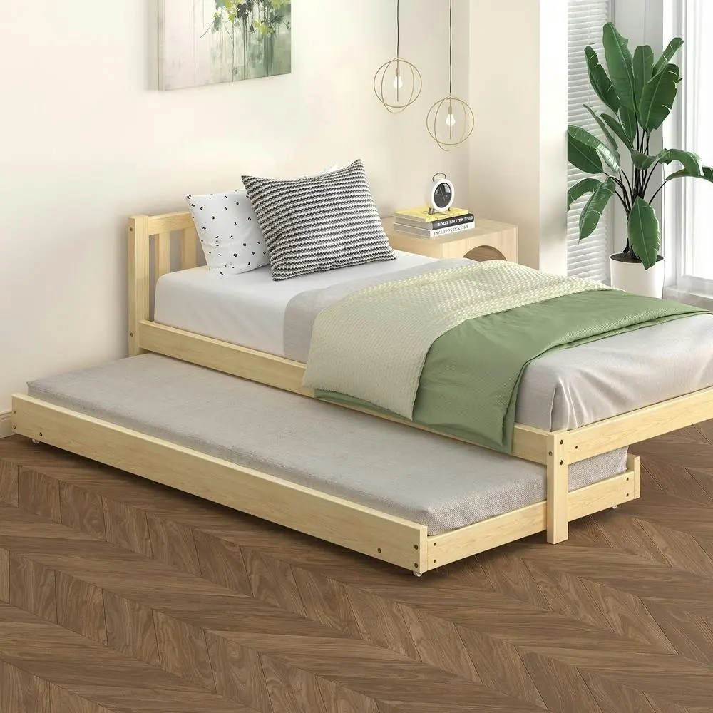 Alfordson Bed Frame 2x Single Size Trundle Wooden Mattress Base Timber Oak - Furniture