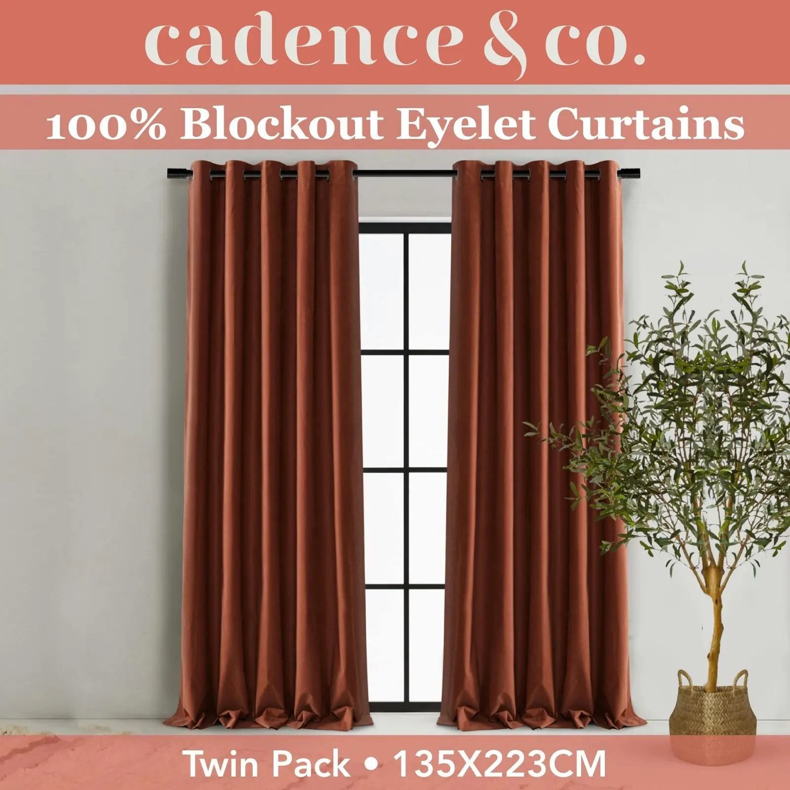 Cadence & Co. Byron Matte Velvet 100% Blockout Eyelet Curtains Twin Pack Rust 135x223cm - Home & Garden