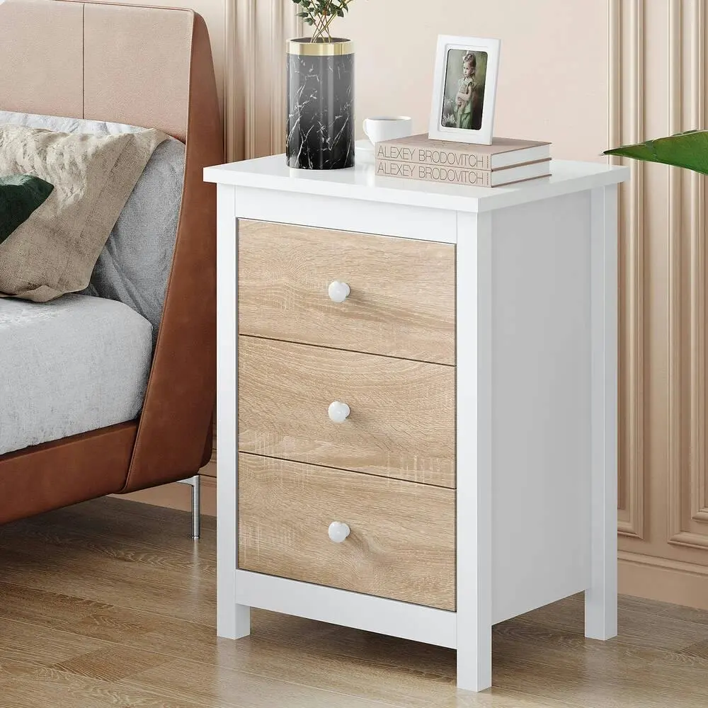 Alfordson Bedside Table Hamptons Nightstand 3 Drawers Oak - Furniture