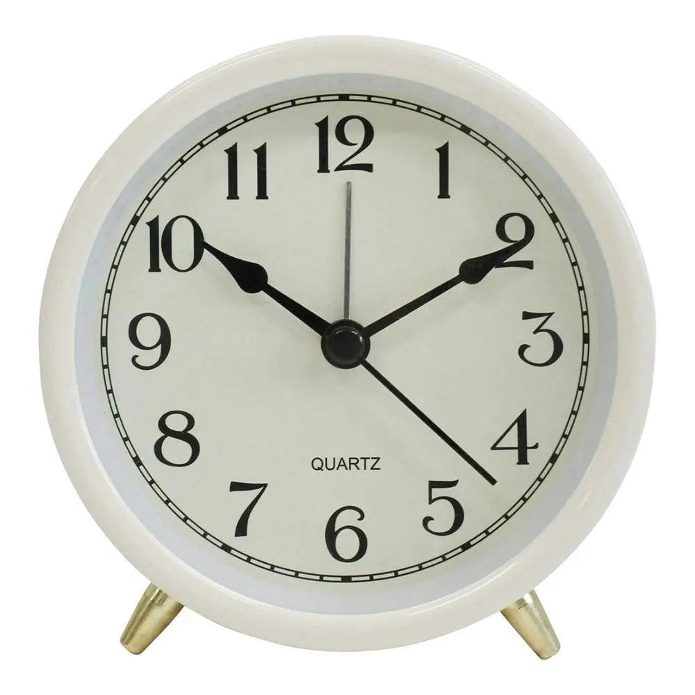 Round Metal Glass Raye 10.5cm Alarm Clock Bedside Analogue Home Desk Decor Ivory - Home & Garden