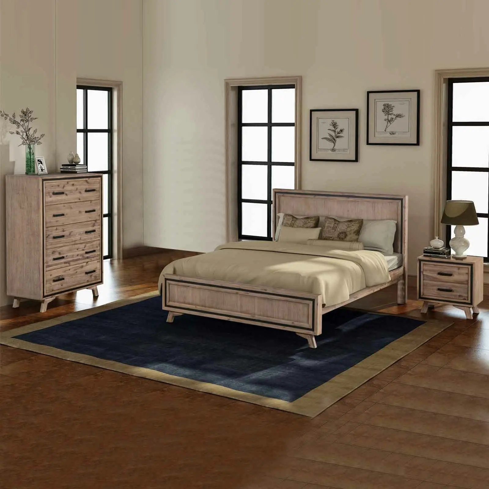 4 Pieces Bedroom Suite Queen Size Silver Brush in Acacia Wood Construction Bed, Bedside Table & Dresser - Furniture