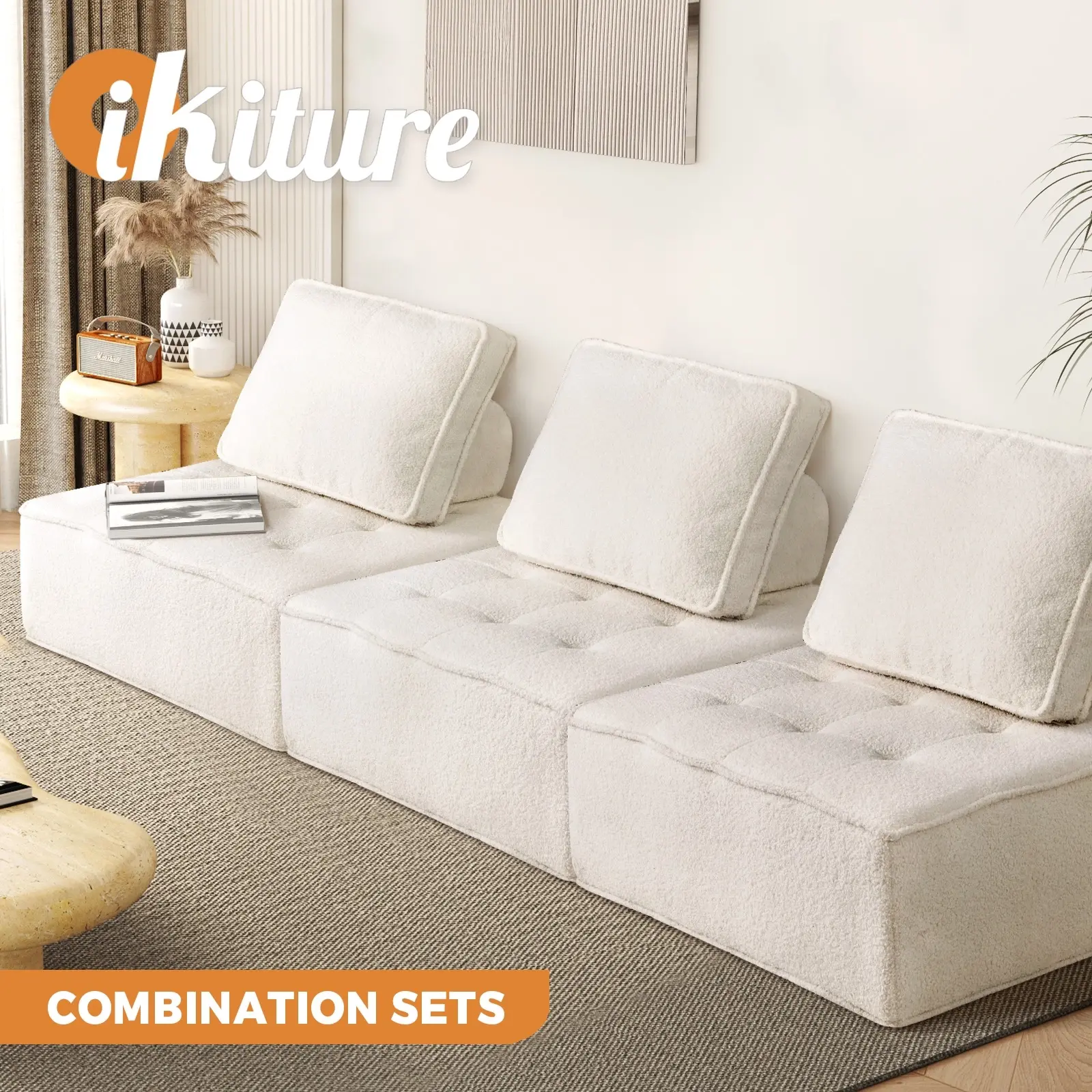 Oikiture 3PCS Modular Sofa Lounge Chair Armless Adjustable Back Sherpa White - Furniture