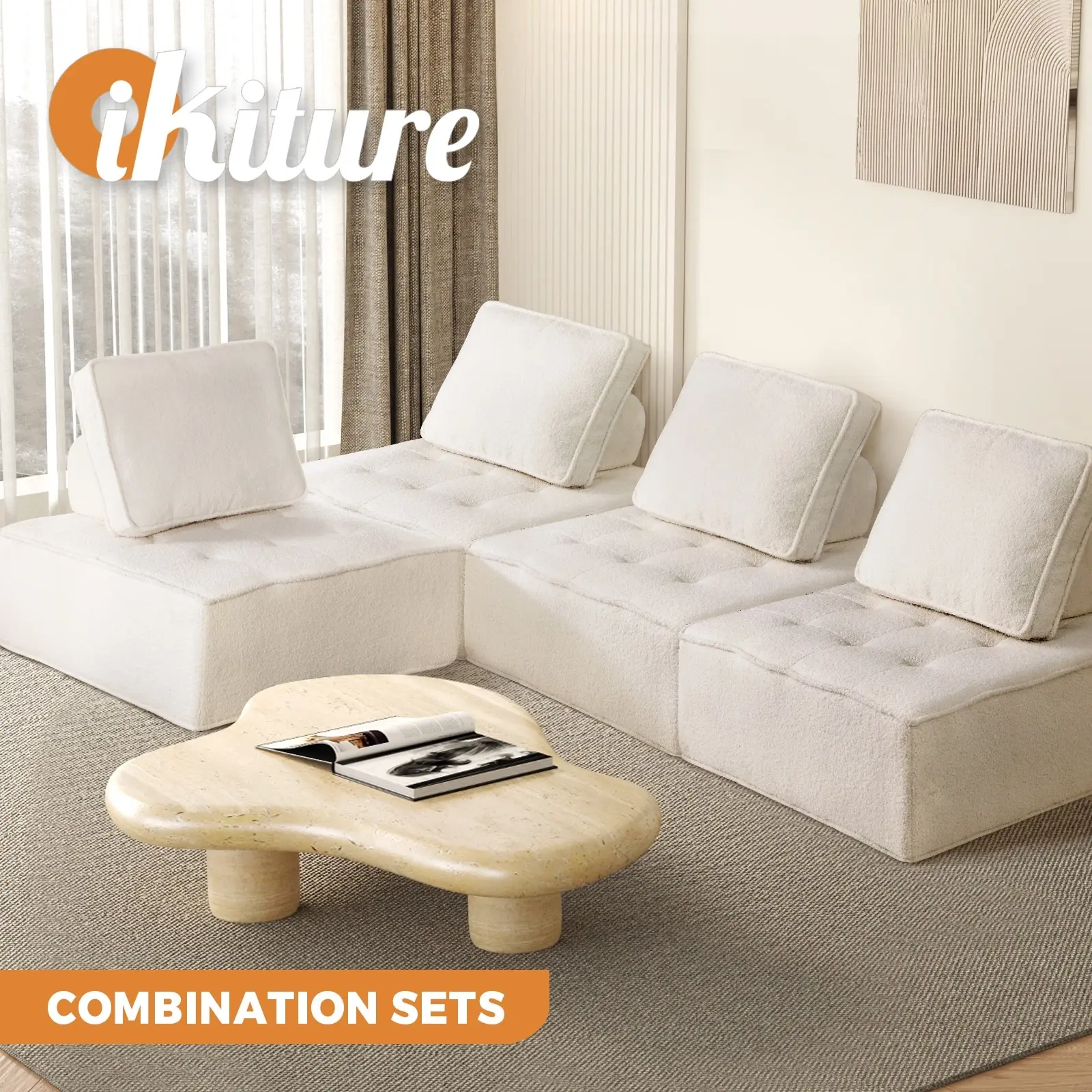 Oikiture 4PCS Modular Sofa Lounge Chair Armless Adjustable Back Sherpa White - Furniture