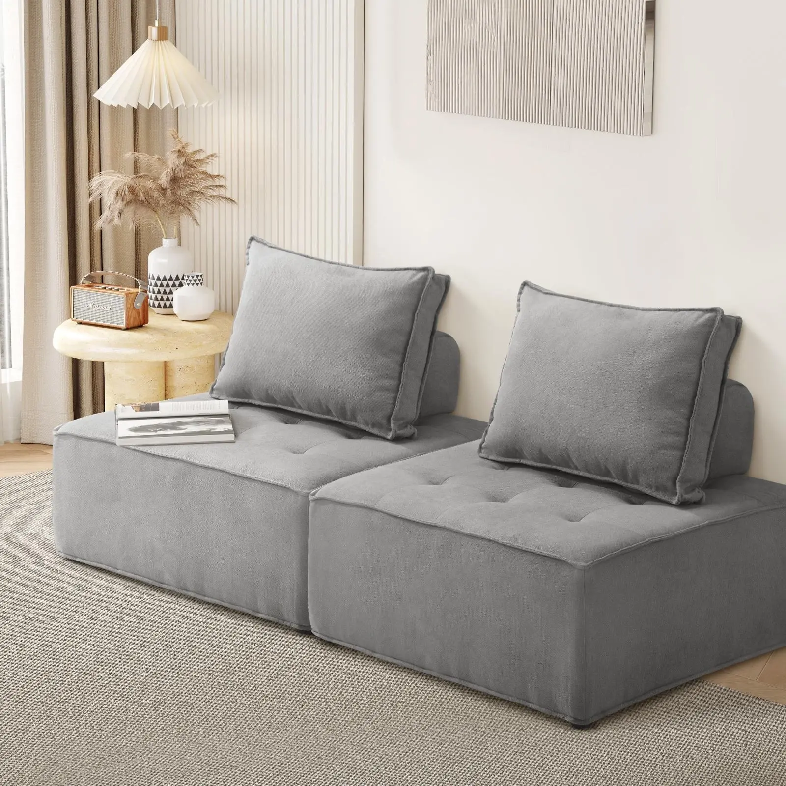 Oikiture 2PCS Modular Sofa Lounge Chair Armless Adjustable Back Linen Grey - Furniture