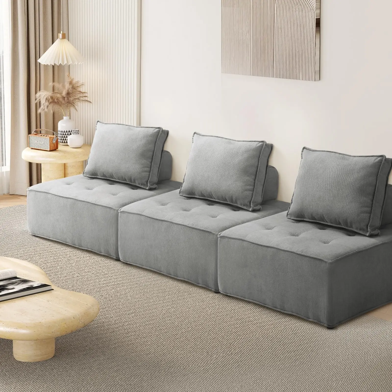 Oikiture 3PCS Modular Sofa Lounge Chair Armless Adjustable Back Linen Grey - Furniture