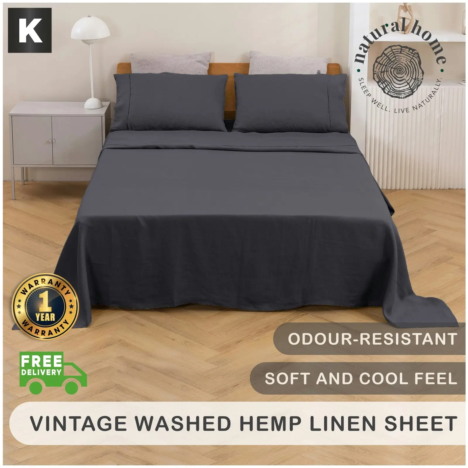 Natural Home Vintage Washed Hemp Linen Sheet Set Charcoal King Bed - Home & Garden