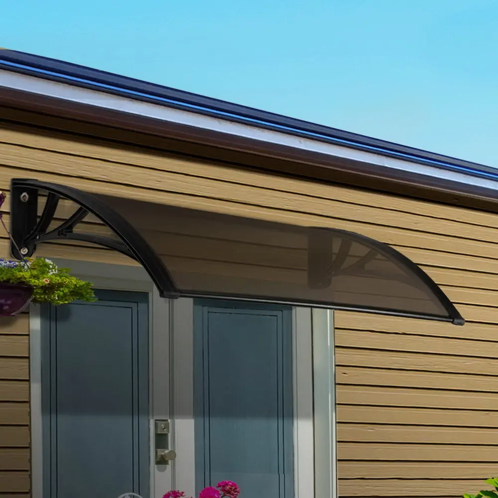 Instahut Window Awning Door Canopy 1m x 4m Brown Sheet Black Plastic Frame - Home & Garden