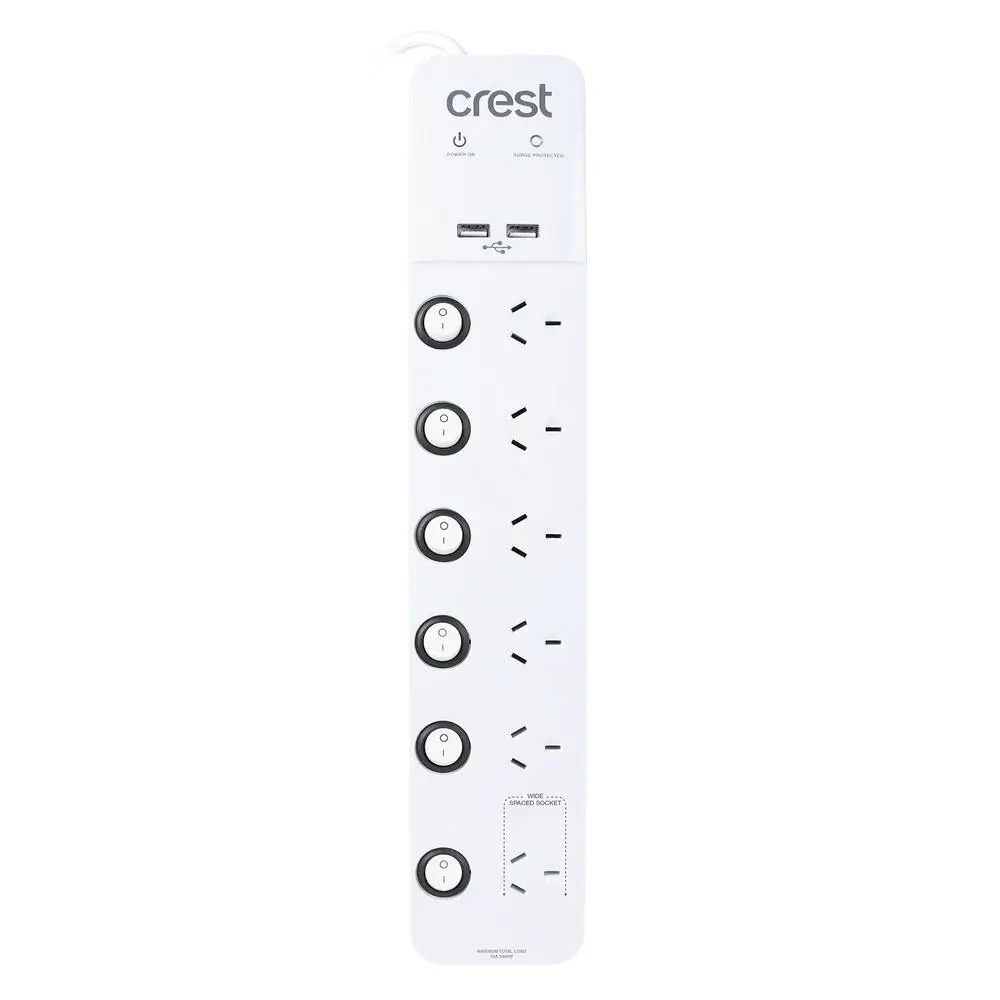 Crest Surge Protected 6-Socket Power Board w/ 6x Switches/2x USB-A Ports White