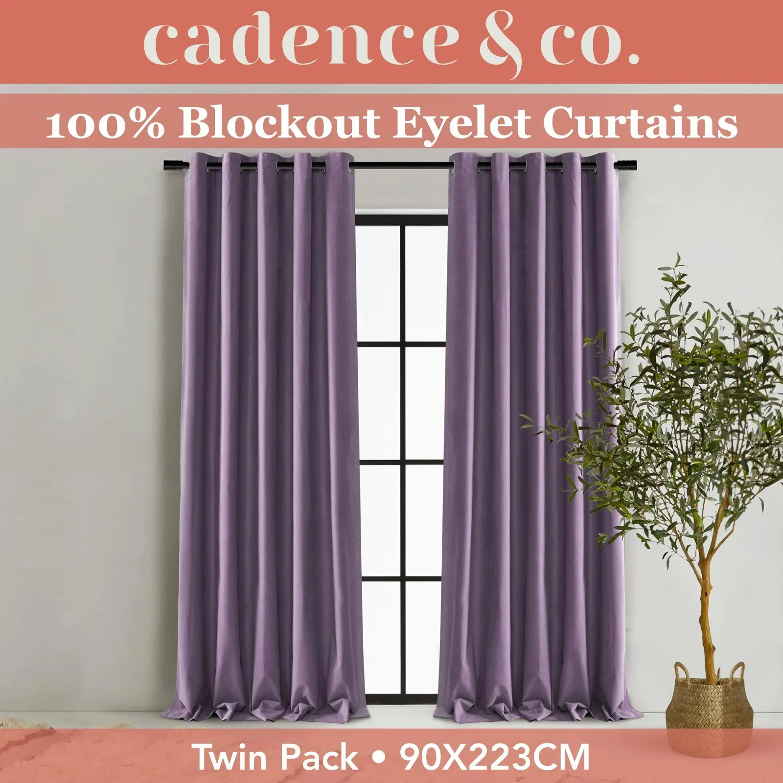 Cadence & Co. Byron Matte Velvet 100% Blockout Eyelet Curtains Twin Pack Lilac 90x223cm - Home & Garden