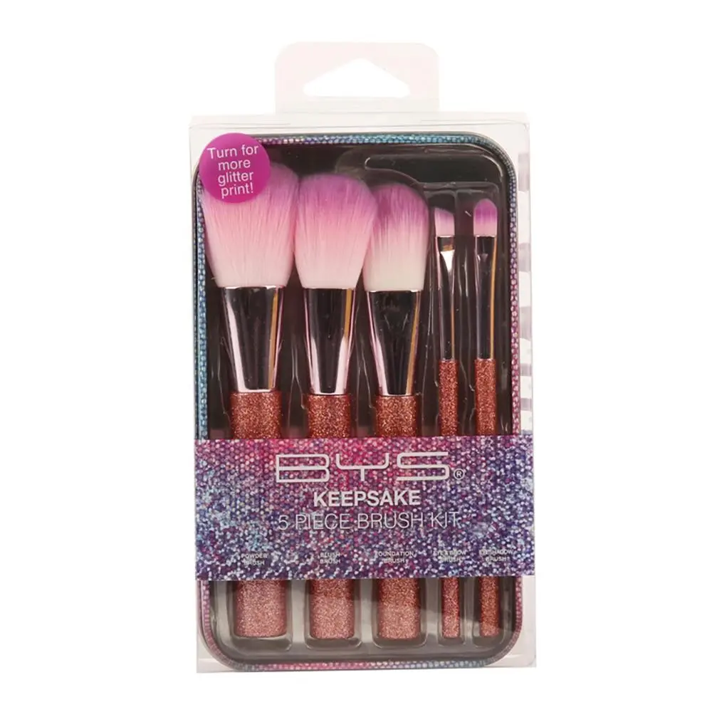 5pc BYS Makeup Brushes Keepsake Tin Glitter Powder/Blush/Foundation/Eyebrow Set - Beauty