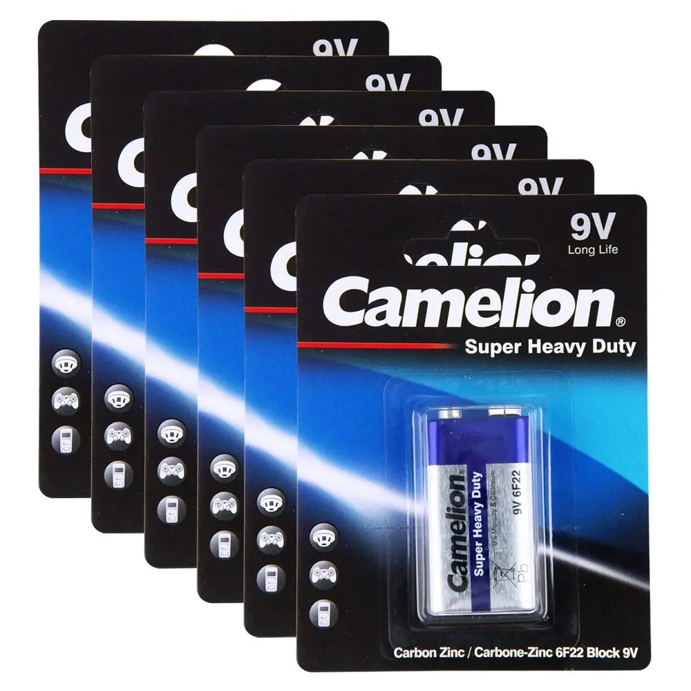 6x Camelion Super Heavy Duty 9V 6F22 Block 9V Battery Carbon Zinc Batteries - Electronics