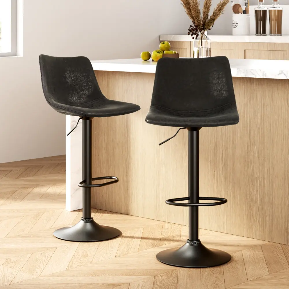 Artiss 2x Bar Stools Vintage Leather Swivel Gas Lift Black - Furniture