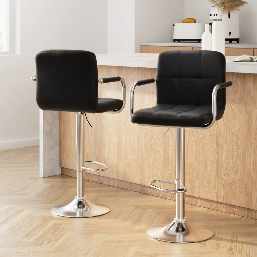 Artiss 2x Bar Stools Leather Gas Lift w/Armrest Black - Furniture
