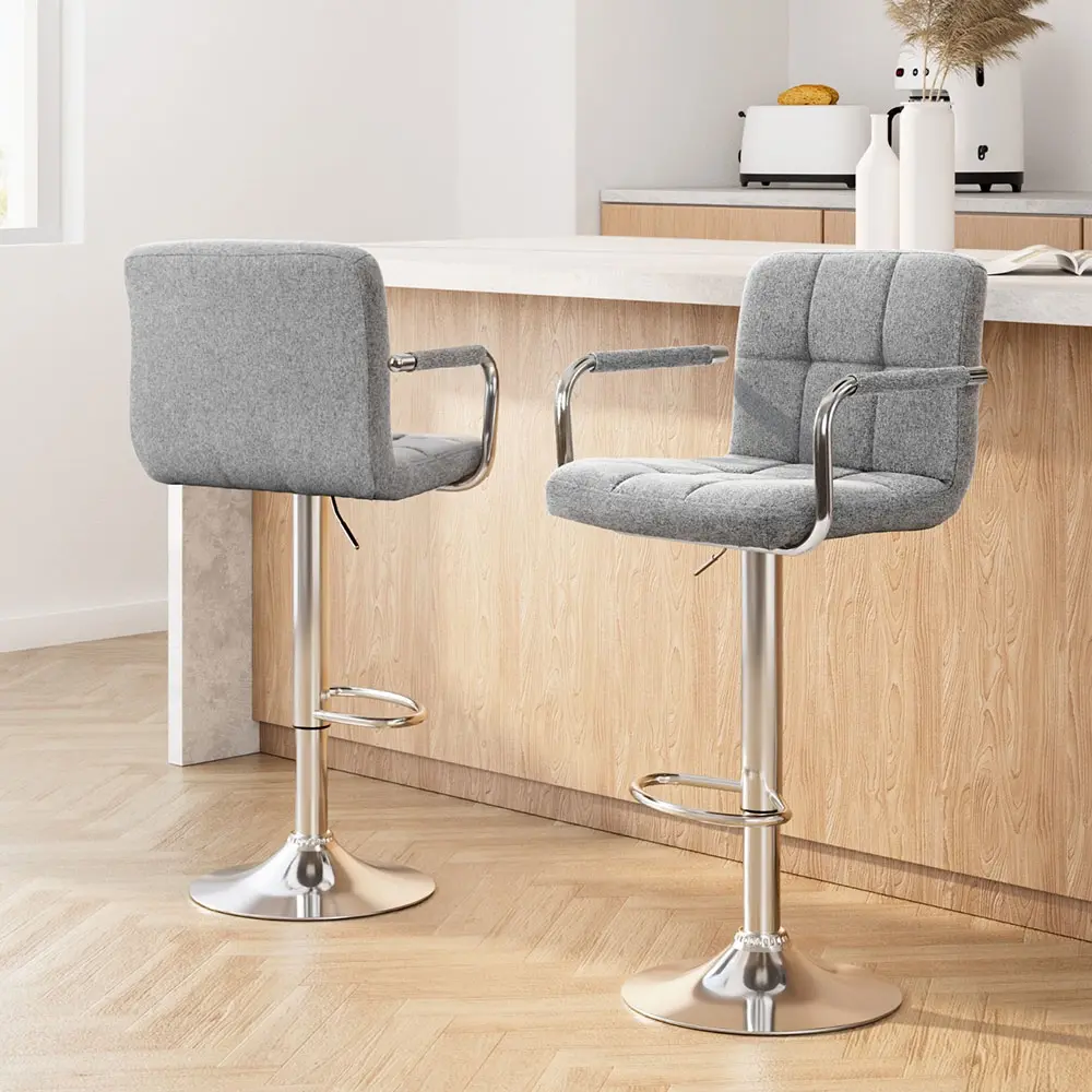 Artiss 2x Bar Stools Fabric Gas Lift w/Armrest Grey - Shop Dining Chairs & Bar Stools