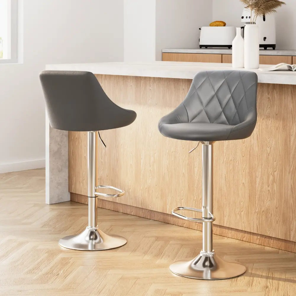 Artiss 2x Bar Stools Leather Padded Gas Lift Grey - Furniture
