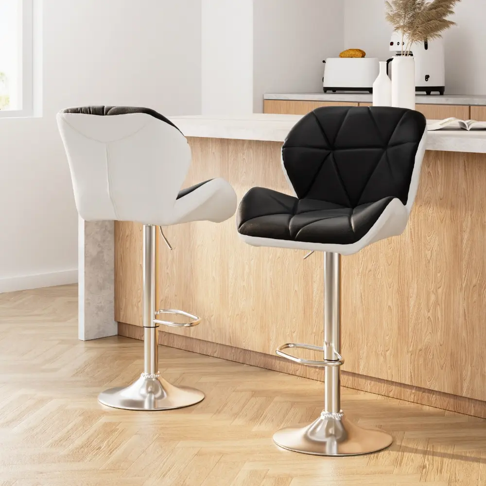 Artiss 2x Bar Stools Gas Lift Padded Leather Black & White - Furniture