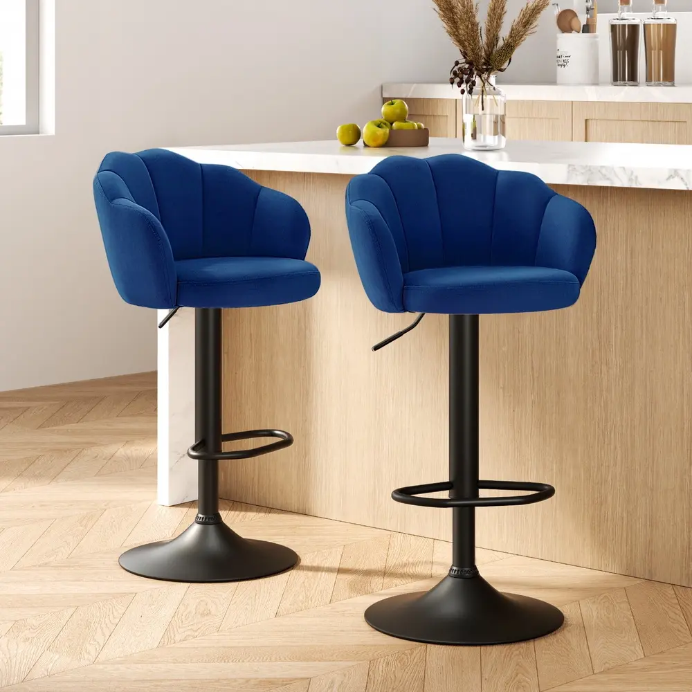 Artiss 2x Bar Stools Gas Lift Velvet Blue - Furniture