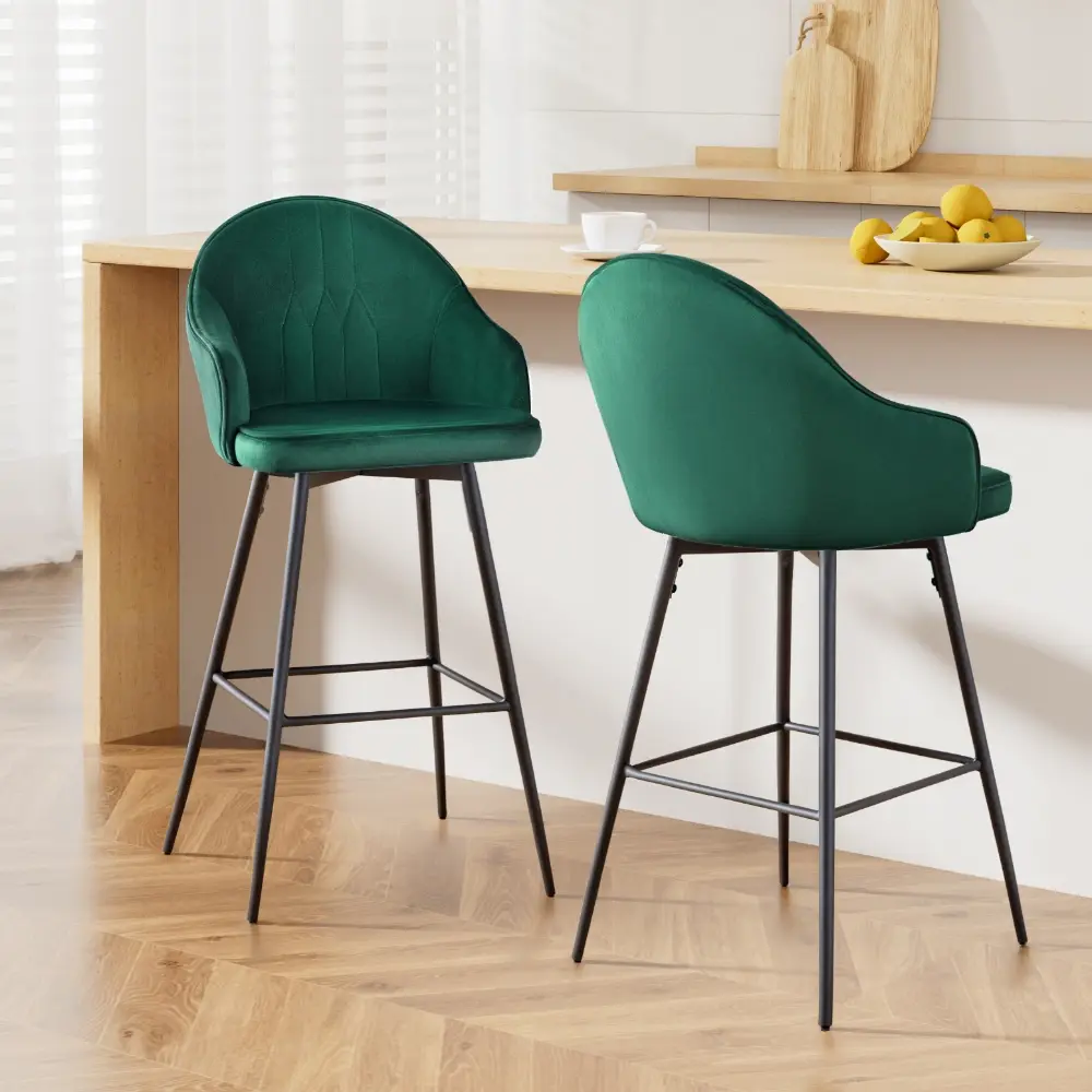 Artiss 2x Bar Stools Velvet Swivel Metal Legs Green - Furniture