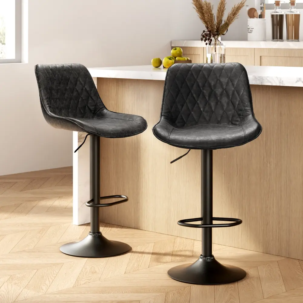 Artiss 2x Bar Stools Gas Lift Vintage Leather Black - Shop Dining Chairs & Bar Stools