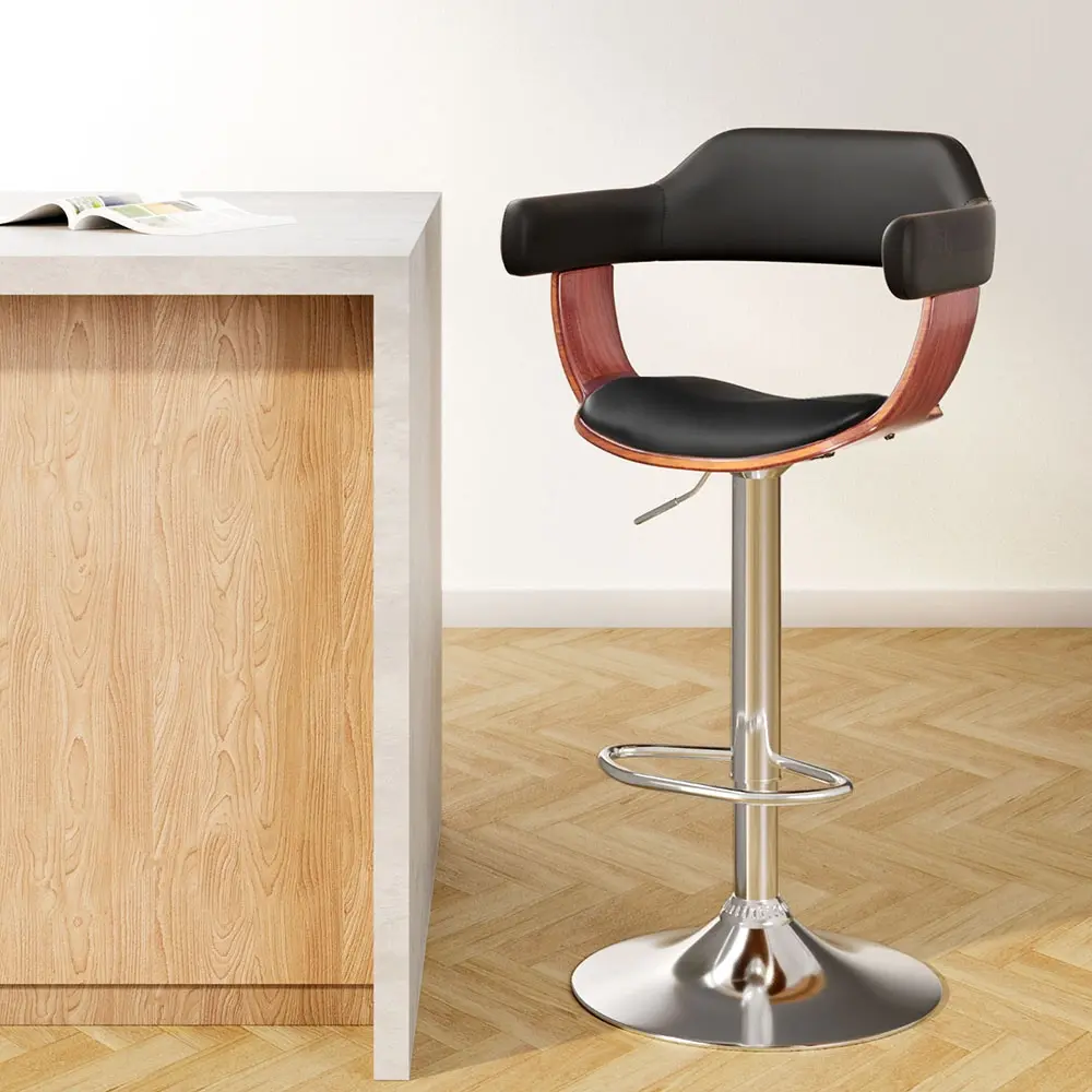 Artiss 1x Bar Stools Gas Lift Leather w/Armrest Black - Furniture
