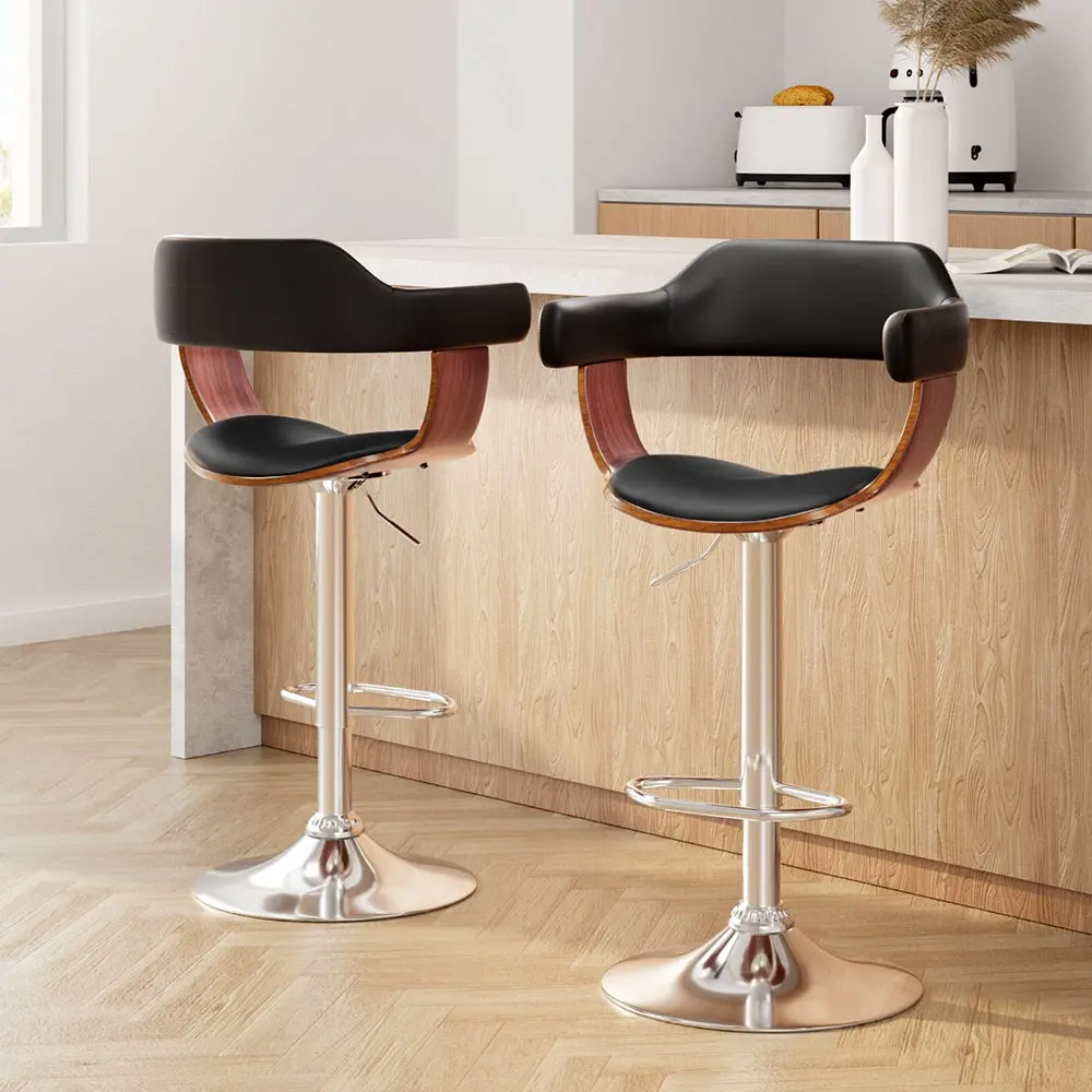 Artiss 2x Bar Stools Gas Lift Leather w/Armrest Black - Furniture