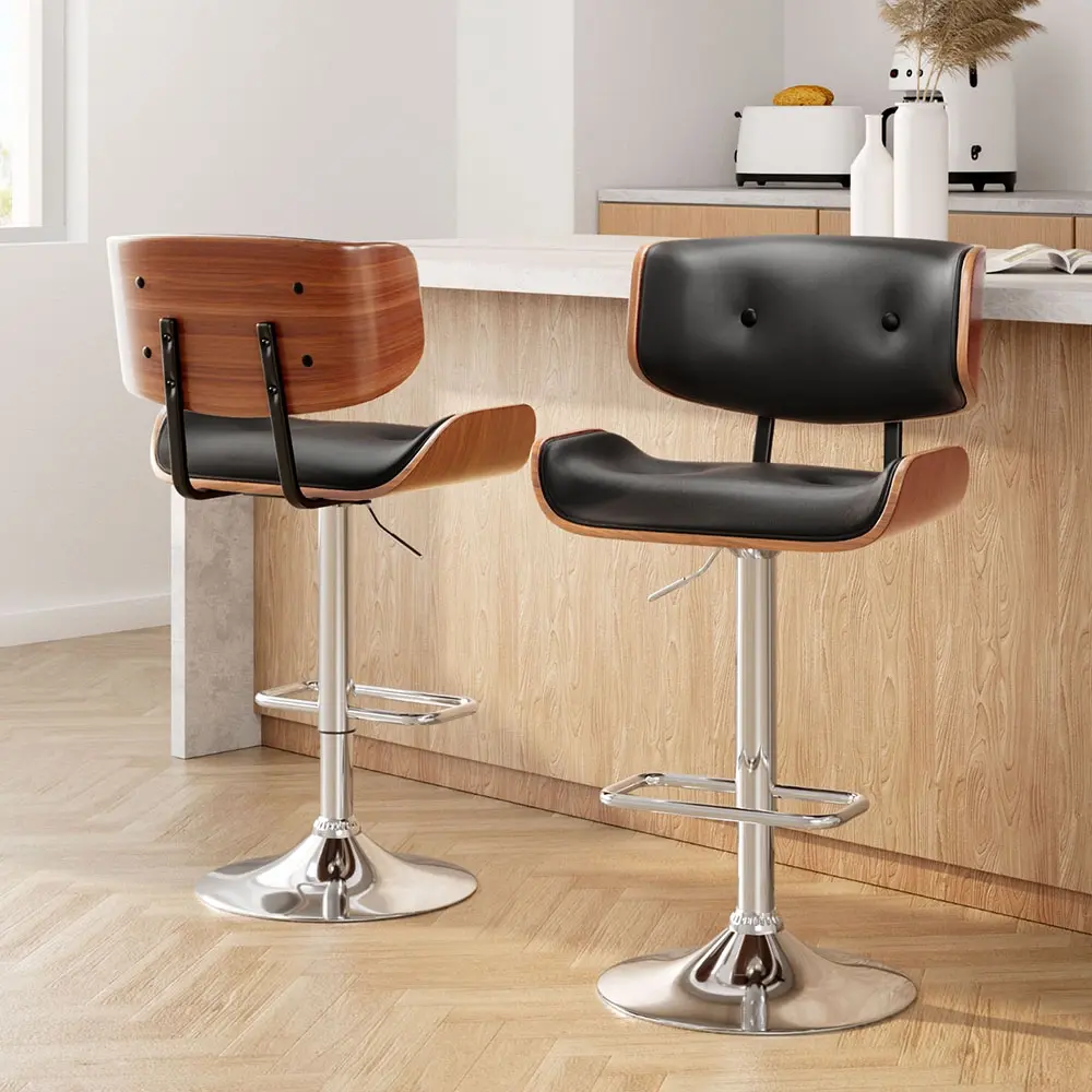 Artiss 2x Bar Stools Gas Lift Leather Black - Furniture