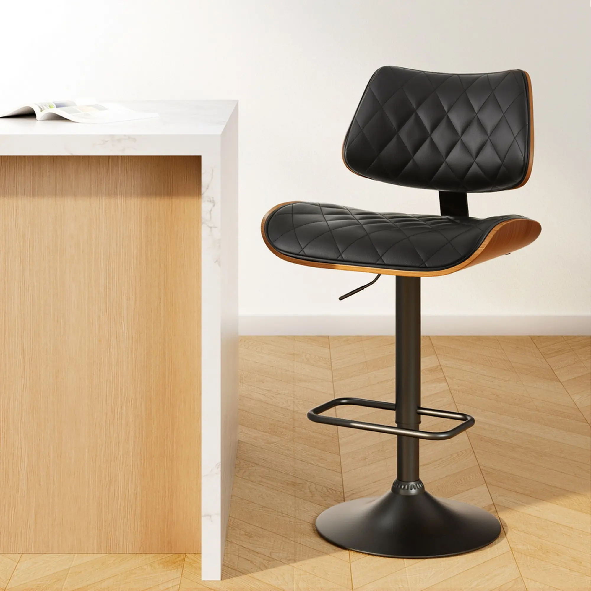 Artiss Bar Stools Kitchen Dining Chairs Gas Lift Stool Wooden Leather Black - Furniture
