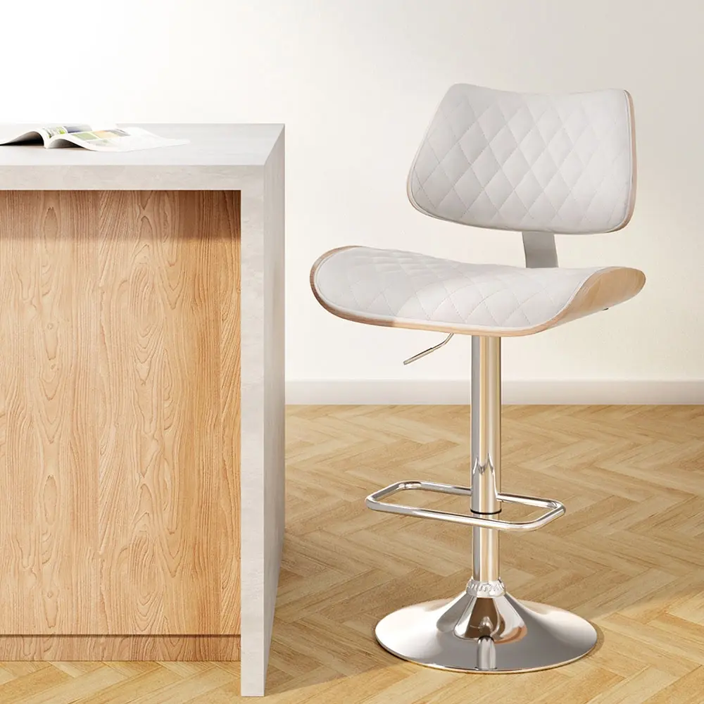 Artiss Bar Stools Kitchen Dining Chairs Gas Lift Stool Wooden Leather White - Furniture