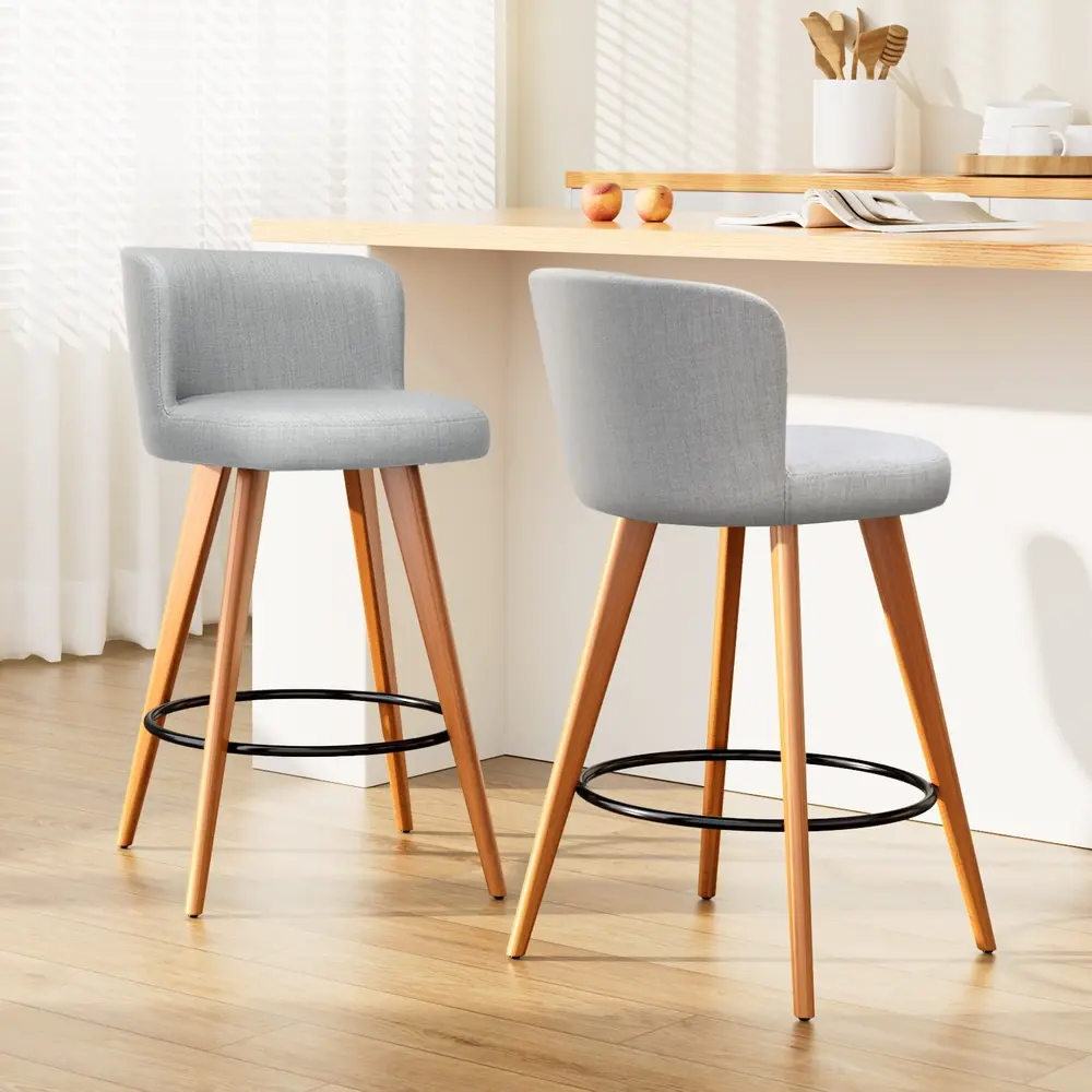 Artiss 2x Bar Stools Linen Padded Wooden Grey - Furniture