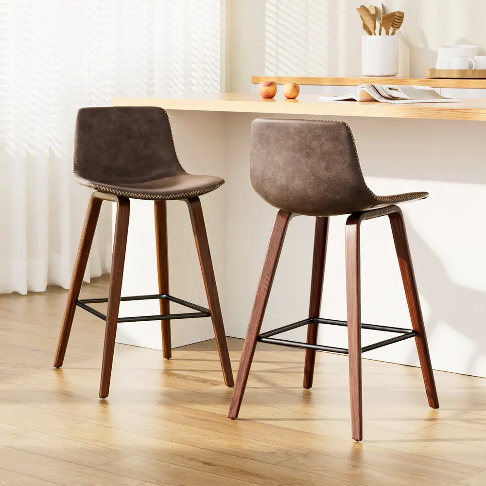 Artiss 2x Bar Stools Vintage Leather Wooden - Furniture