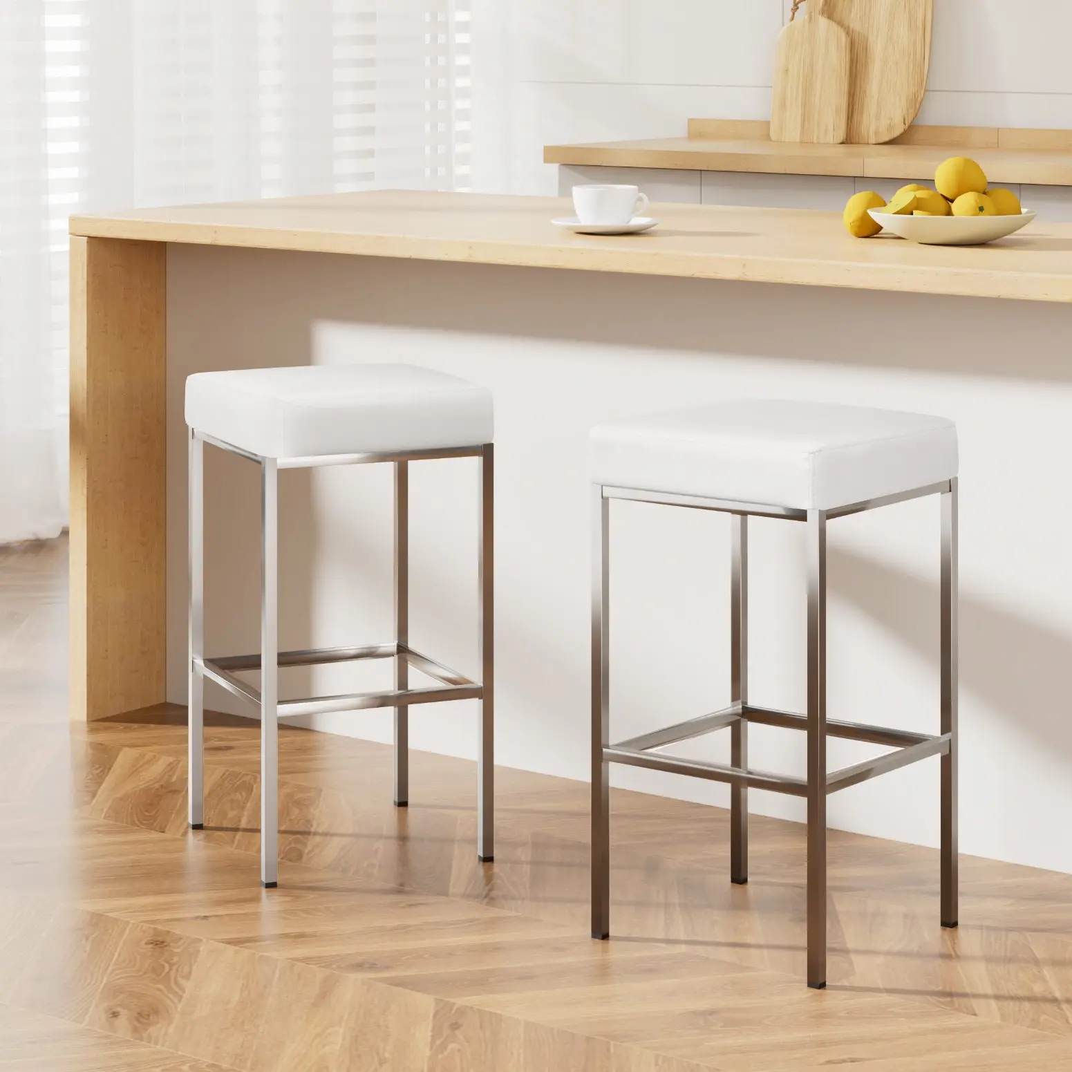 Artiss 2x Bar Stools Leather Padded Metal White - Furniture