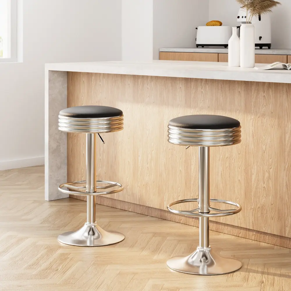 Artiss 2x Bar Stools Leather Padded Gas Lift Silver - Furniture