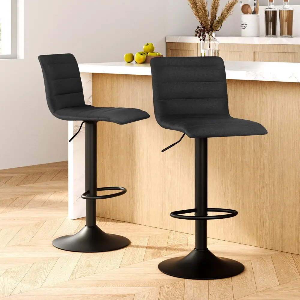 Artiss 2x Bar Stools Gas Lift Linen Fabric Black - Furniture