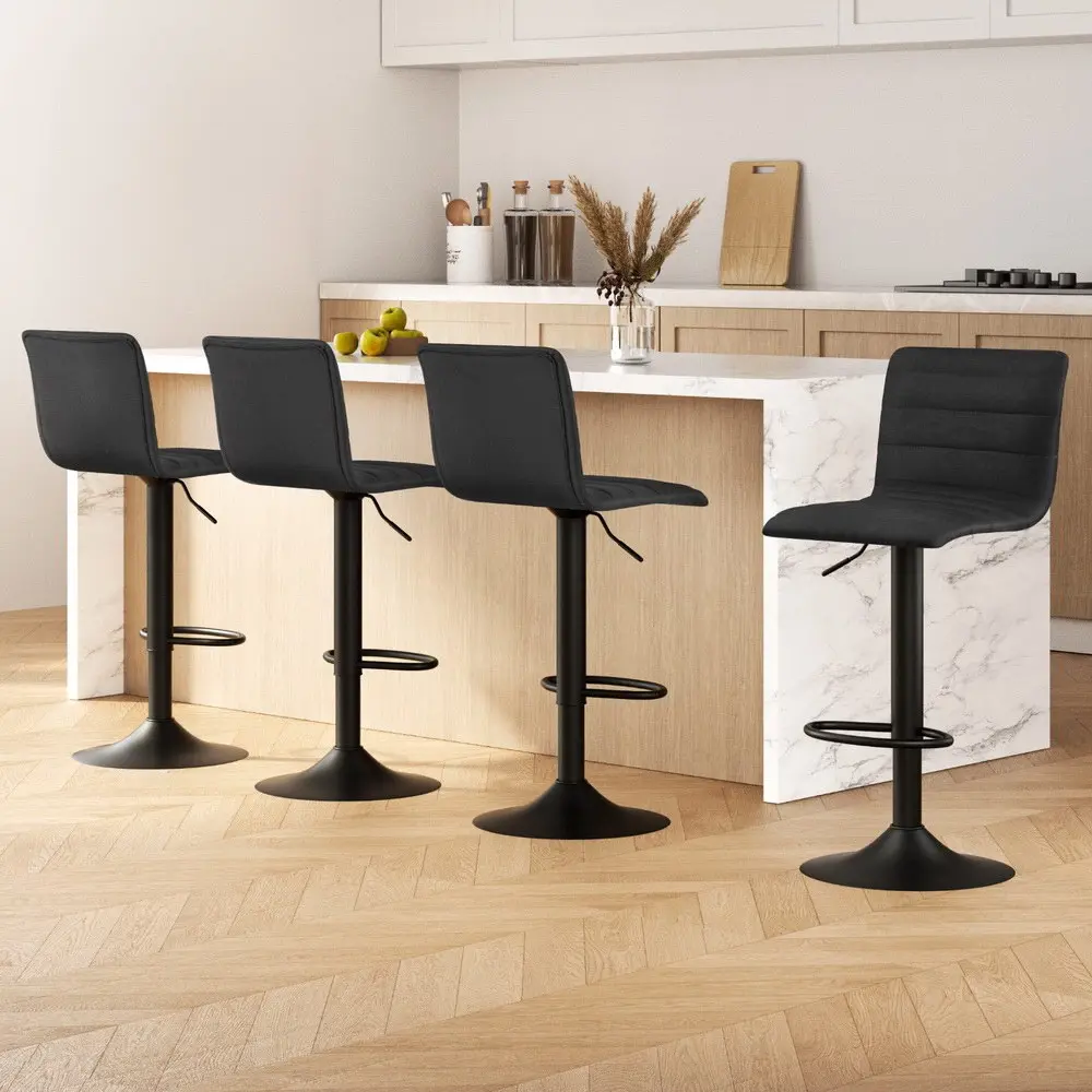 Artiss 4x Bar Stools Gas Lift Linen Fabric Black - Furniture