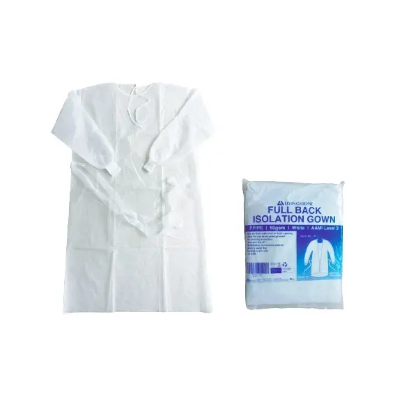 Livingstone Isolation Gown with Tie Full Back Knitted Wrist AAMI Level 3 White 100 Carton - Commercial