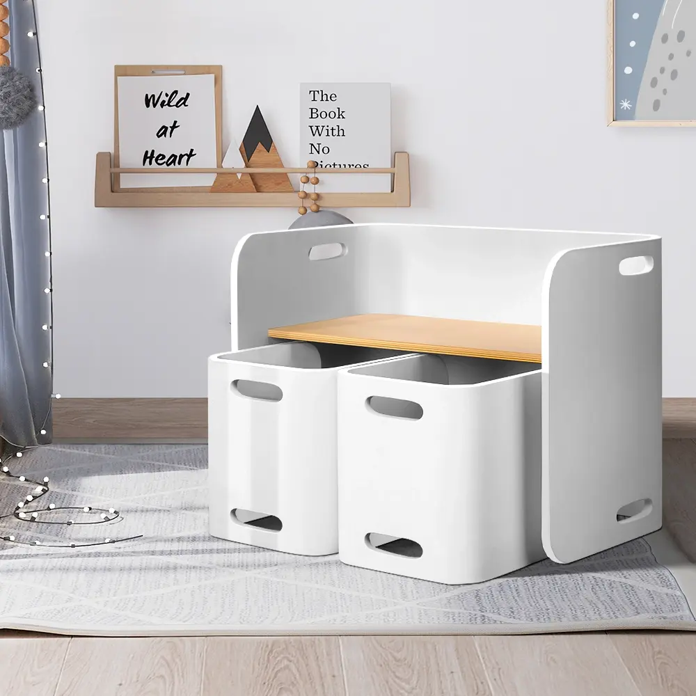Keezi 3PCS Kids Table and Chairs Set Multifunctional Storage Desk White - Up to 70% Off Kids & Baby Furniture