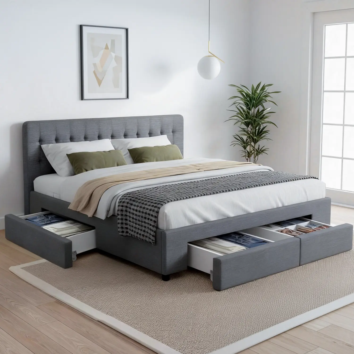 Artiss Bed Frame Queen Size with 4 Drawers Grey AVIO - Furniture