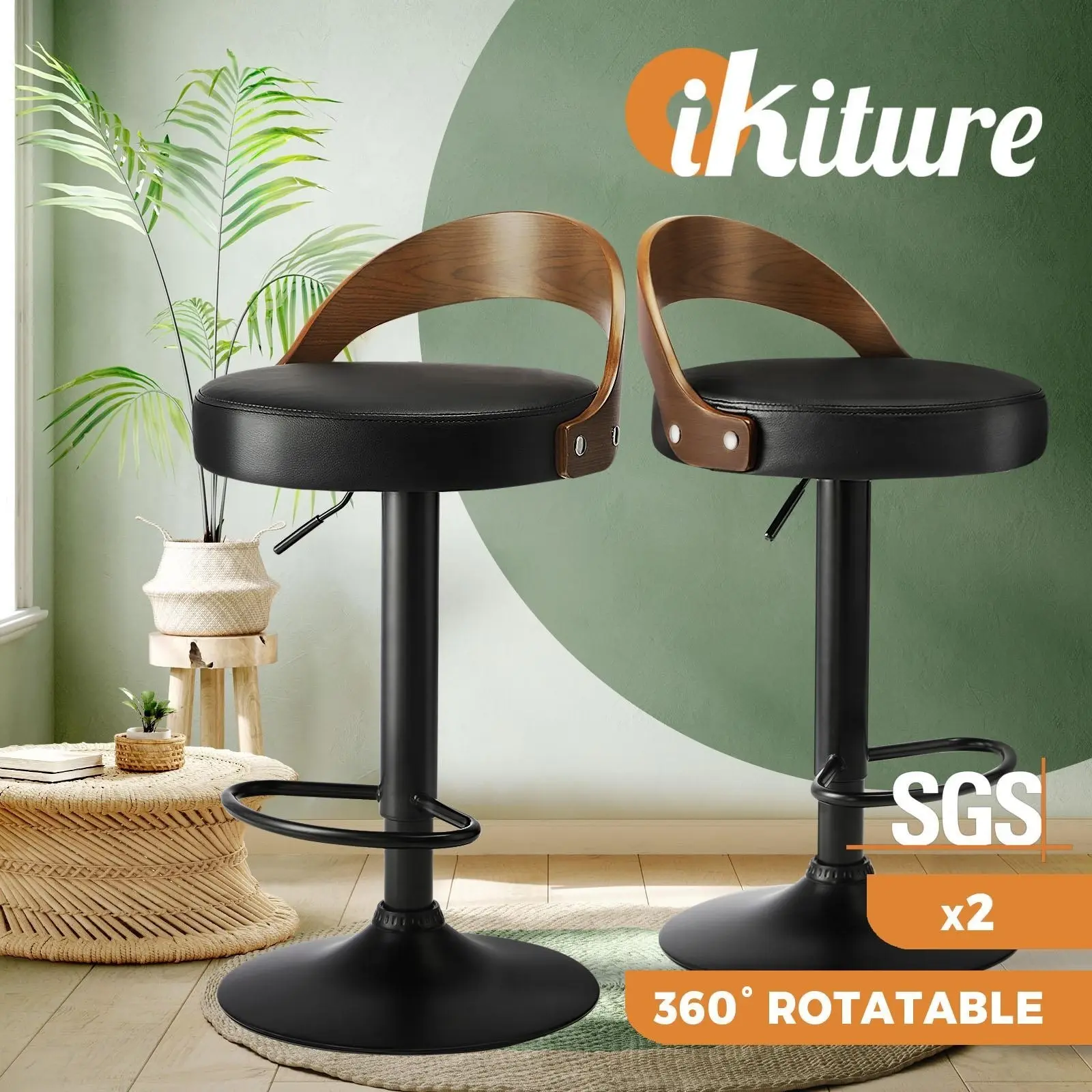 Oikiture Kitchen Bar Stools Gas Lift Swivel Chairs Stool Wooden PU Leather x2 - Furniture