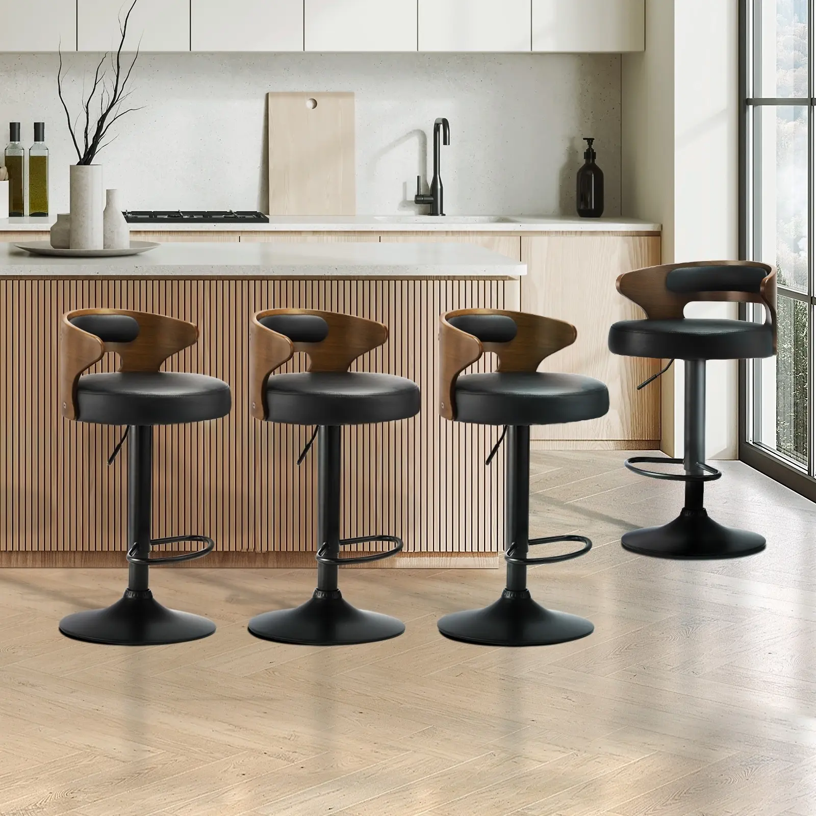 Oikiture 4x Bar Stools Kitchen Gas Lift Swivel Chairs Stool Wooden Barstool Black - Afterpay Day