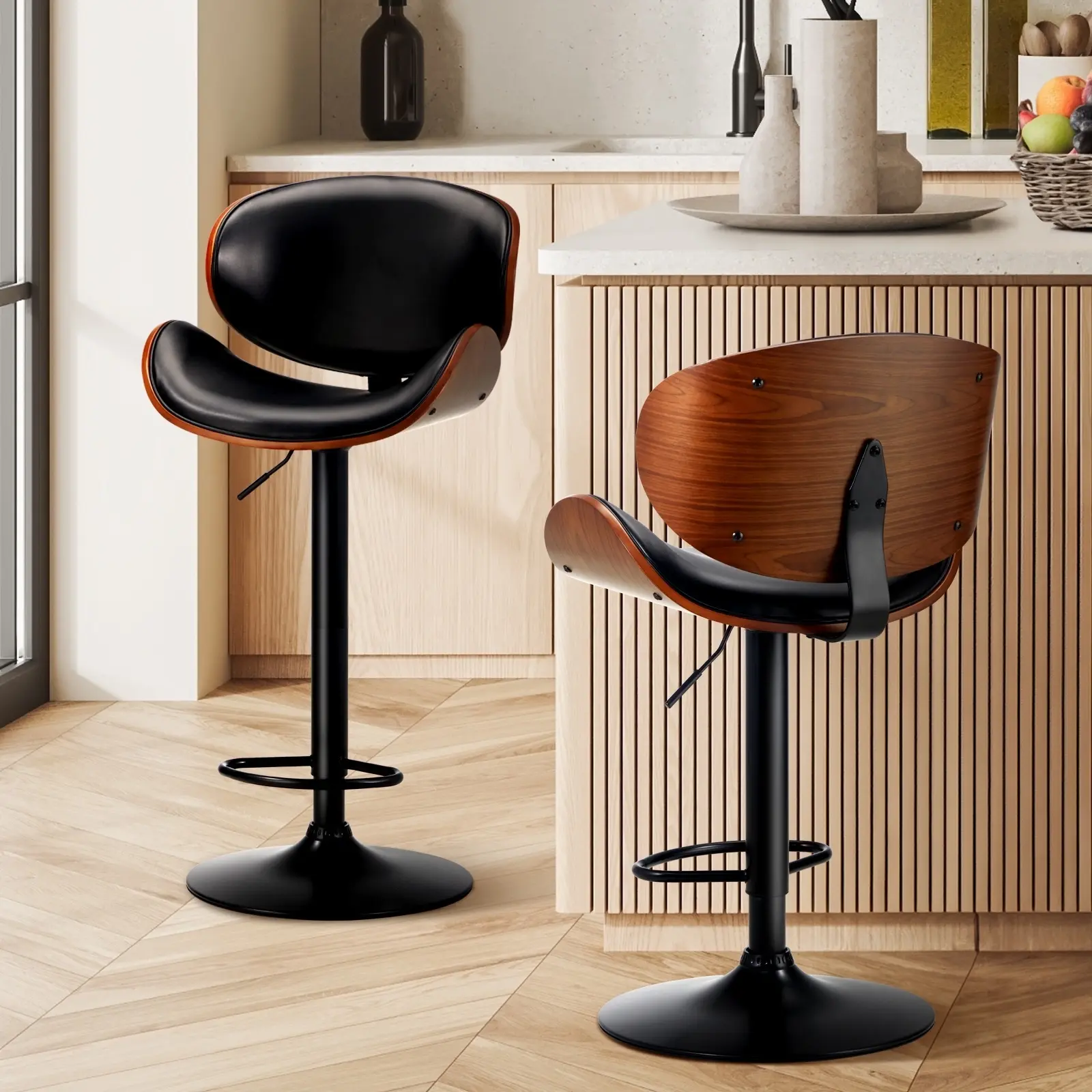 Oikiture 2x Bar Stools Kitchen Stool Swivel Chair Wooden Leather Gas Lift - Furniture