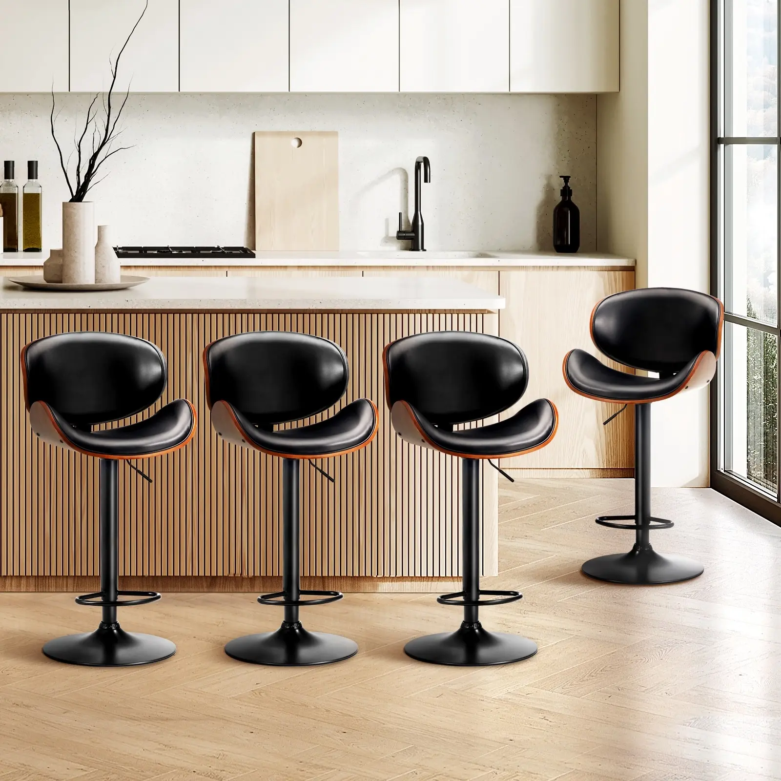 Oikiture Set of 4 Bar Stools Kitchen Stool Swivel Chair Wooden Leather Gas Lift - Furniture