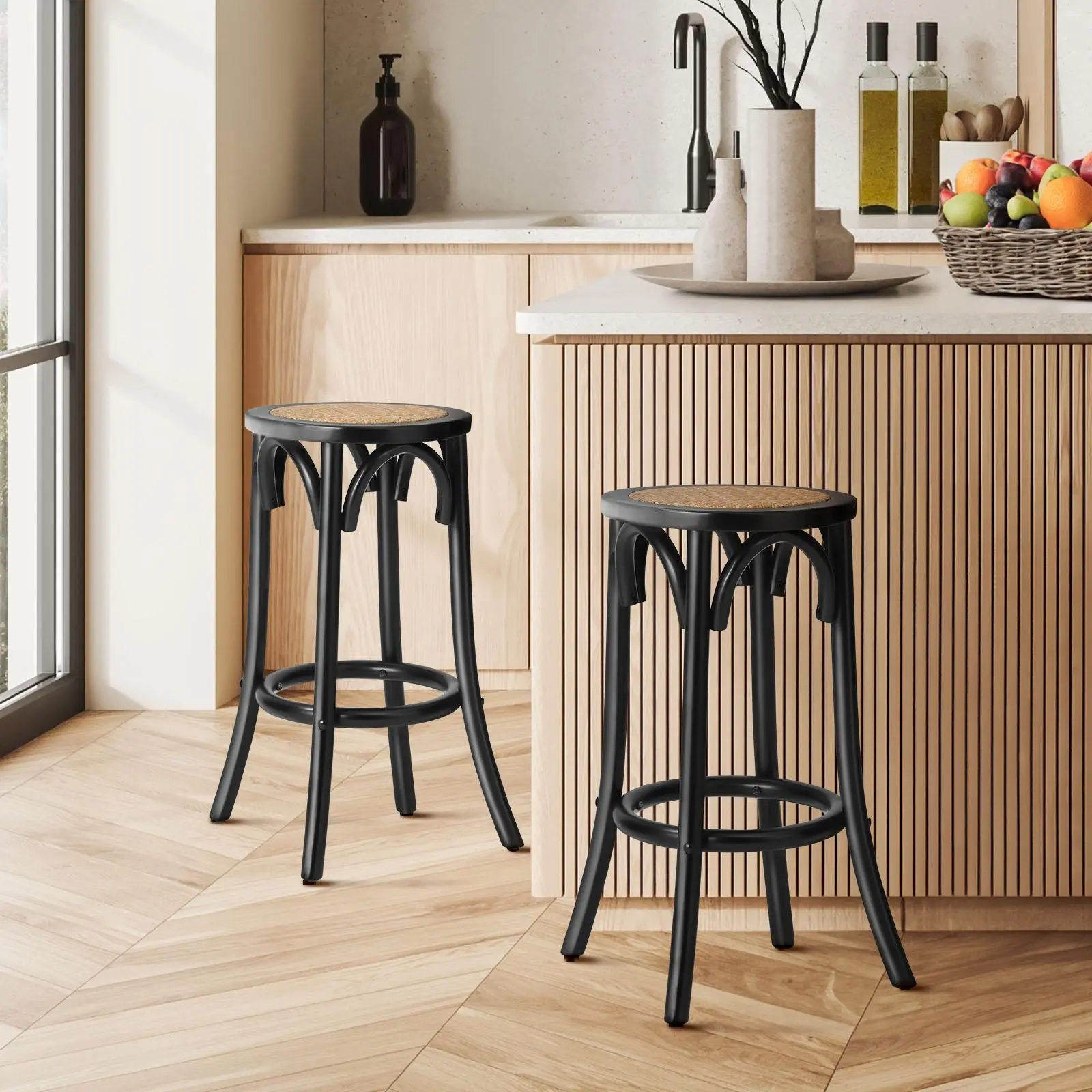Oikiture 2x Bar Stools Kitchen Vintage Dining Chair Rattan Seat Black - Furniture