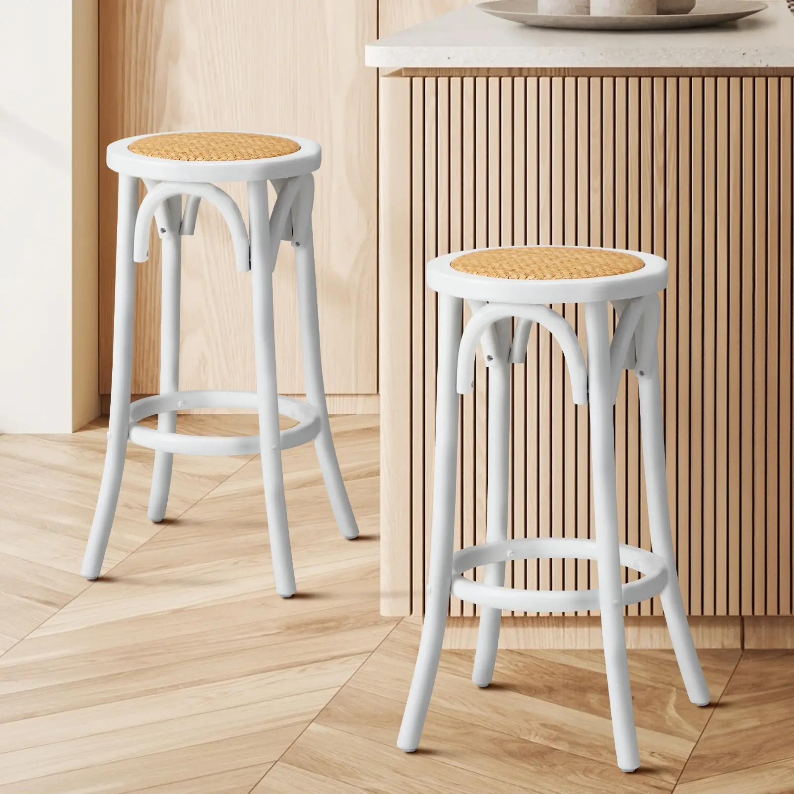 Oikiture 2x Bar Stools Kitchen Vintage Dining Chair Rattan Seat White - Furniture