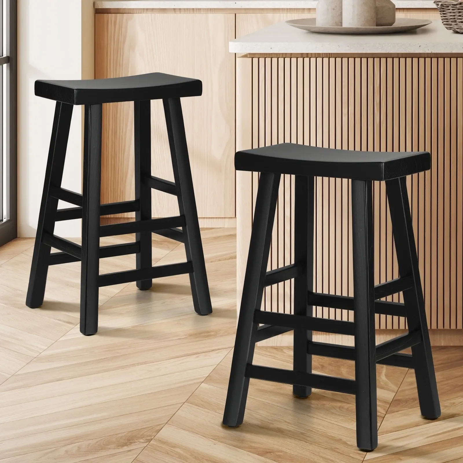 Oikiture 2X Bar Stools Kitchen Stool Wooden Counter Chairs Barstools Black - Furniture